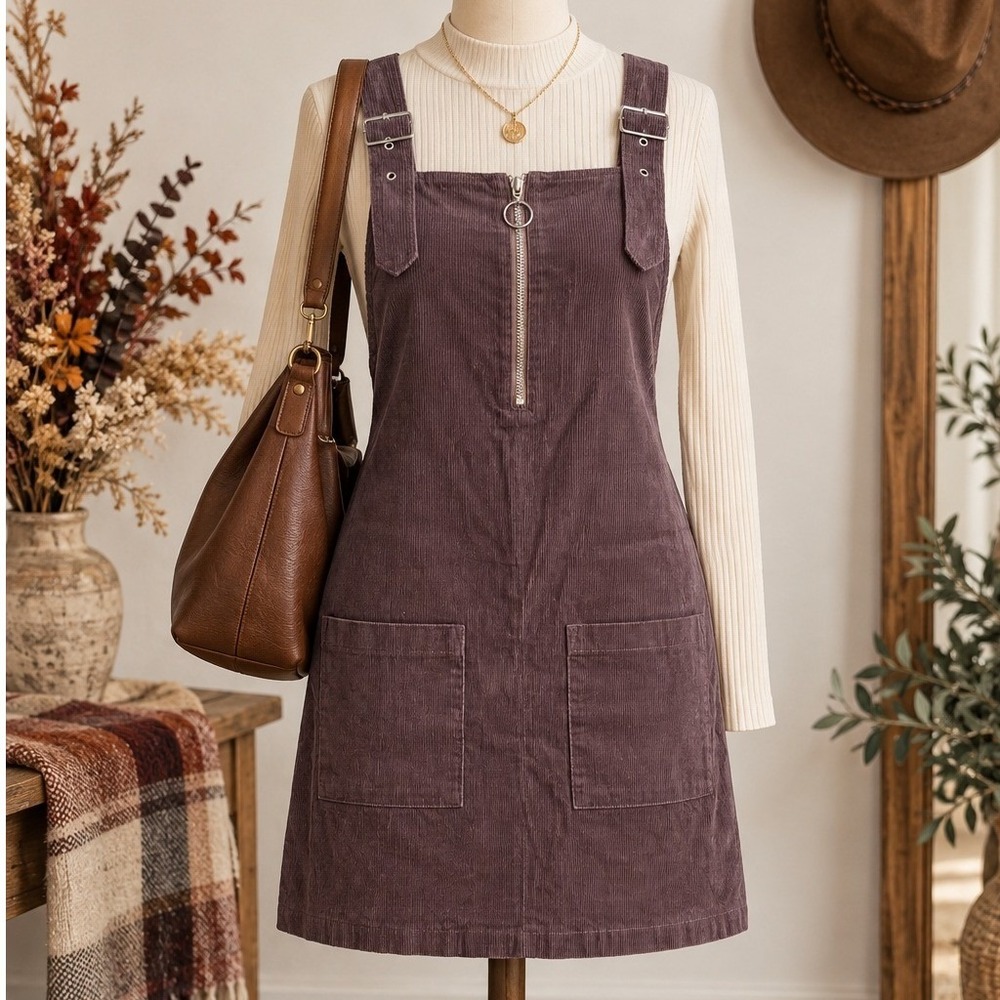 Womens Large Brown Corduroy Overall Pinafore Dress Front Zip Pocket Fall Fashion